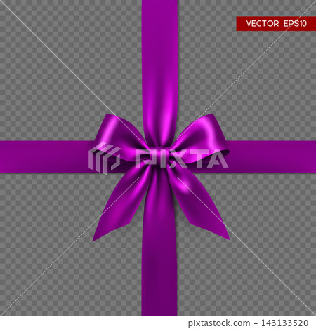 Realistic purple satin bow and ribbon cross isolated on transparent background. Vector decoration element for gift wrapping, holiday greeting cards, birthday and Christmas design. Realistic purple satin bow and ribbon cross isolated on transparent background. Vector decoration element for gift wrapping, holiday greeting cards, birthday and Christmas design. 143133520