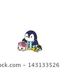An illustration of a penguin putting money into a piggy bank. 143133526