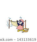 An illustration of a penguin hanging laundry. 143133619