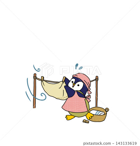 一隻企鵝正在晾衣服的插圖。 一隻企鵝正在晾衣服的插圖。 143133619