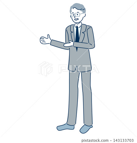 一位年長的商人面帶微笑,正在向某人解釋/指導,這是一幅全身插圖(帶有輪廓線)。 一位年長的商人面帶微笑,正在向某人解釋/指導,這是一幅全身插圖(帶有輪廓線)。 143133703
