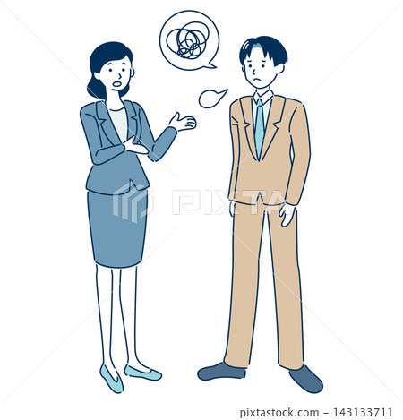 一幅插圖，描繪了一男一女商務人士因缺乏清晰的解釋而難以進行有效溝通（附輪廓線）。 143133711