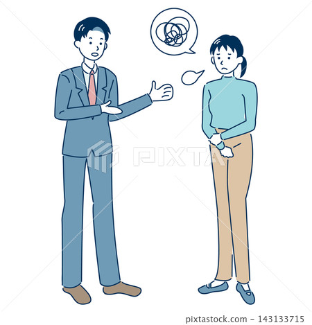 一幅插圖，描繪了一男一女商務人士因缺乏清晰的解釋而難以進行有效溝通（附輪廓線）。 143133715
