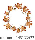 A wreath made of branches with maple leaves. A hand drawn watercolor illustration. Perfect for stickers, packaging, and greeting cards, labels, prints, and much more. 143133977