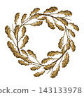 A wreath made of branches with oak leaves. Hand drawn watercolor illustration. Perfect for stickers, packaging, greeting cards, labels, prints, and much more. 143133978