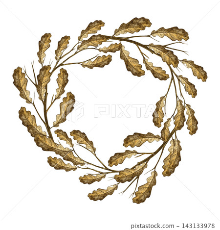 A wreath made of branches with oak leaves. Hand drawn watercolor illustration. Perfect for stickers, packaging, greeting cards, labels, prints, and much more. 143133978