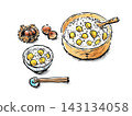 Autumnal delights: chestnuts and chestnut rice, drawn with brush pen and watercolor. 143134058