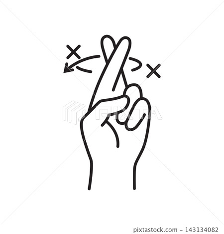 Minimalist black outline icon showing a hand with crossed fingers representing disapproval or shaking the head no. Minimalist black outline icon showing a hand with crossed fingers representing disapproval or shaking the head no. 143134082