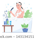 Relaxing Kid Girl Take a Bath, Washing Hair and Soaking in Bathtub for Clean Body and Healthcare Concept Illustration Clip Art 143134151