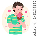 Happy Cheerful Kid Boy Eating an Ice Cream Cone for Enjoy Eating Concept Illustration Clip Art 143134152
