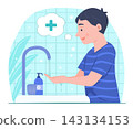 Happy Cheerful Kid Boy Washing Hands at Sink in Toilet for Daily Healthy Routine Lifestyle Concept Illustration Clip Art 143134153