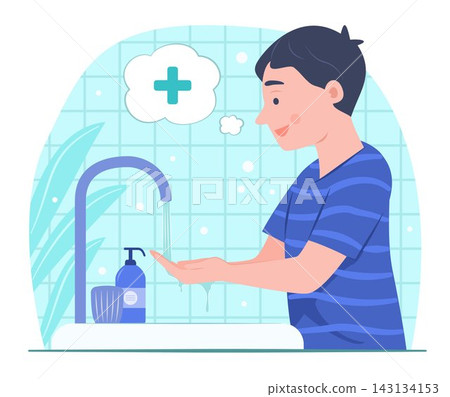 Happy Cheerful Kid Boy Washing Hands at Sink in Toilet for Daily Healthy Routine Lifestyle Concept Illustration Clip Art Happy Cheerful Kid Boy Washing Hands at Sink in Toilet for Daily Healthy Routine Lifestyle Concept Illustration Clip Art 143134153