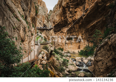 Narrow gorge with the Guadalhorce river and cliffside boardwalk at Caminito del Rey, Spain Narrow gorge with the Guadalhorce river and cliffside boardwalk at Caminito del Rey, Spain 143134236