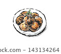 An illustration of candied chestnuts in the style of a picture postcard. 143134264