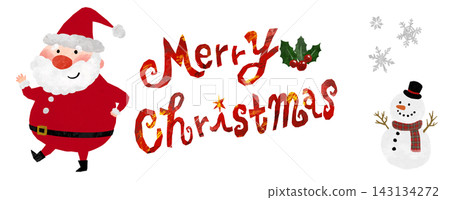 A set of Christmas-themed decorative elements featuring Santa Claus, a snowman, and a Christmas logo. A set of Christmas-themed decorative elements featuring Santa Claus, a snowman, and a Christmas logo. 143134272