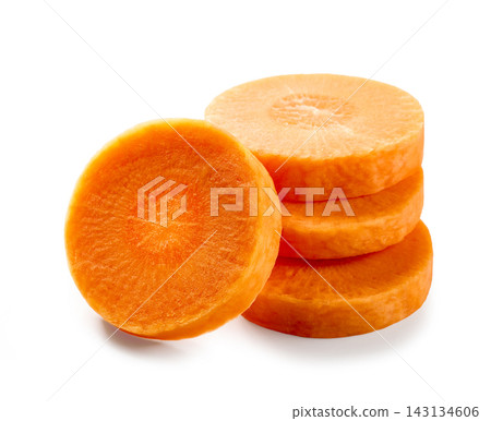 carrot slices fresh raw and round isolated on white carrot slices fresh raw and round isolated on white 143134606