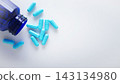 Health care background of pills and bottle on white surface flat lay 143134980