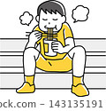 A boy sitting on the stairs eating instant ramen 143135191