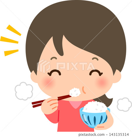 一位微笑的女子手捧米飯碗,正在吃白飯。 一位微笑的女子手捧米飯碗,正在吃白飯。 143135314