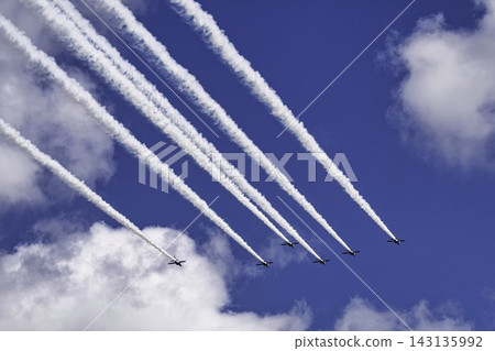 Blue Impulse aerobatic team at Matsushima Air Base conducts flight training under the autumn blue sky in Higashimatsushima City, Miyagi Prefecture. Blue Impulse aerobatic team at Matsushima Air Base conducts flight training under the autumn blue sky in Higashimatsushima City, Miyagi Prefecture. 143135992