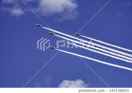 Blue Impulse aerobatic team at Matsushima Air Base conducts flight training under the autumn blue sky in Higashimatsushima City, Miyagi Prefecture. Blue Impulse aerobatic team at Matsushima Air Base conducts flight training under the autumn blue sky in Higashimatsushima City, Miyagi Prefecture. 143136003