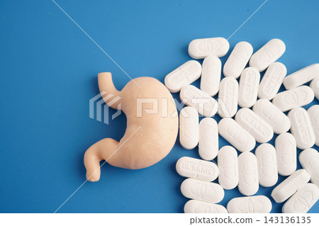 Bangkok, Thailand September 25, 2026 Stomach human model with pill drug treatment. Bangkok, Thailand September 25, 2026 Stomach human model with pill drug treatment. 143136135
