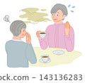 An illustration of a senior woman who panics when her friend notices her bad breath while they're chatting. 143136283