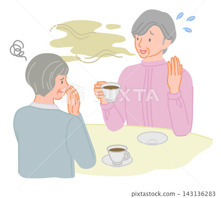 一幅插圖描繪了一位老年婦女在與朋友聊天時,朋友注意到她有口臭,她感到非常恐慌。 一幅插圖描繪了一位老年婦女在與朋友聊天時,朋友注意到她有口臭,她感到非常恐慌。 143136283