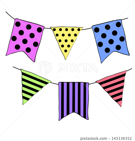 party bunting flags Happy birthday composition colored hand drawn illustration. Vector graphic line ink art. for birthday, holiday, kids celebration, invitation card, decoration or event design. party bunting flags Happy birthday composition colored hand drawn illustration. Vector graphic line ink art. for birthday, holiday, kids celebration, invitation card, decoration or event design. 143136352