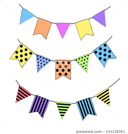 colorful flags for holiday banner, birthday invitations, party invitations Happy birthday composition colored hand drawn illustration. Vector graphic line ink art. for package, textile, cards. colorful flags for holiday banner, birthday invitations, party invitations Happy birthday composition colored hand drawn illustration. Vector graphic line ink art. for package, textile, cards. 143136361