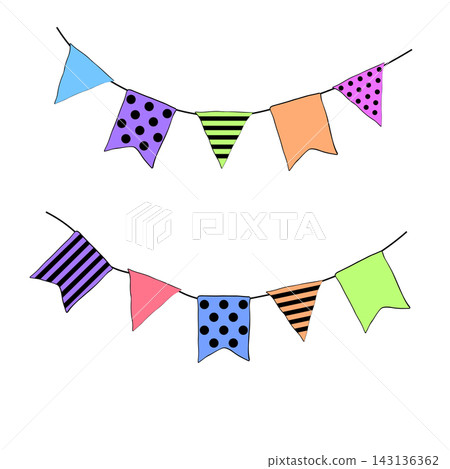striped party bunting flags Happy birthday composition colored hand drawn illustration. Vector graphic line ink art. Perfect for kids designs, prints, cards and education themes striped party bunting flags Happy birthday composition colored hand drawn illustration. Vector graphic line ink art. Perfect for kids designs, prints, cards and education themes 143136362