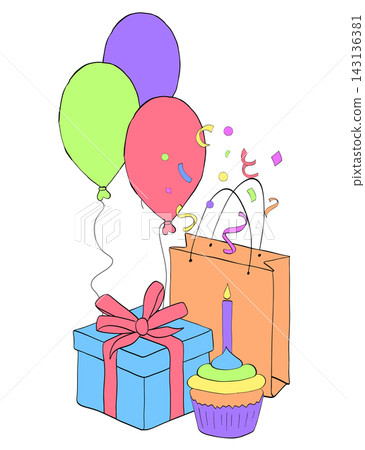 Balloon, gift bag, box, confetti, cupcake birthday composition colored hand drawn illustration. Vector graphic line ink art. for a celebration party or birthday surprise textile, cards. Balloon, gift bag, box, confetti, cupcake birthday composition colored hand drawn illustration. Vector graphic line ink art. for a celebration party or birthday surprise textile, cards. 143136381