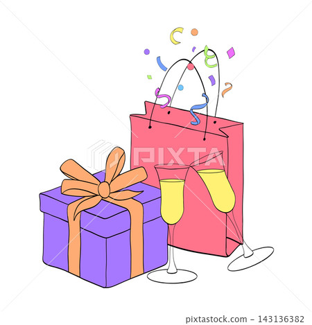 Gift bag, box, confetti, champagne Happy birthday composition colored hand drawn illustration. Vector graphic line ink art. Perfect for logo, branding, packaging, labels, and modern decor design. 143136382