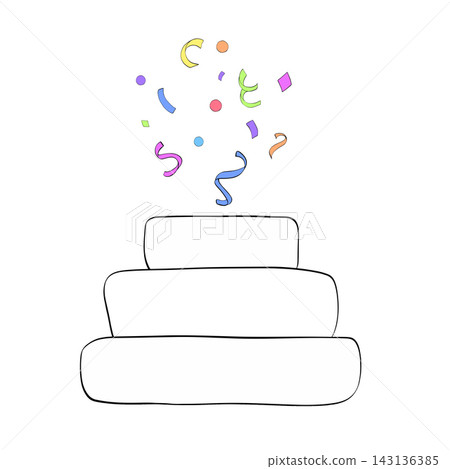 happy birthday cake with confetti party decoration composition colored hand drawn illustration. Vector graphic line ink art. Sample poster, invitation, holiday banner, postcard. happy birthday cake with confetti party decoration composition colored hand drawn illustration. Vector graphic line ink art. Sample poster, invitation, holiday banner, postcard. 143136385