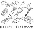 一套描繪十道冬季美食的墨線插圖。 143136826