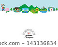 Hand-drawn flat illustration of a tourist area in Okayama Prefecture 143136834