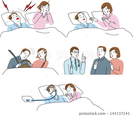 睡眠呼吸中止症的症狀和治療方法。插圖描繪了一位無法入睡的妻子和一位打鼾的丈夫。 143137241