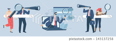 Set of search engine optimization, SEO. Analyze website page statistics, Internet marketing concepts, Businessmen and woman searching online with magnifying glass in web browser bar. Vector design. Set of search engine optimization, SEO. Analyze website page statistics, Internet marketing concepts, Businessmen and woman searching online with magnifying glass in web browser bar. Vector design. 143137258