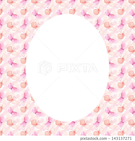 Frame with a hand painted watercolor backdrop of gentle pink butterflies isolated. Butterfly backdrop with space for text. Border for greeting cards, nursery decor or stationery design. 143137271
