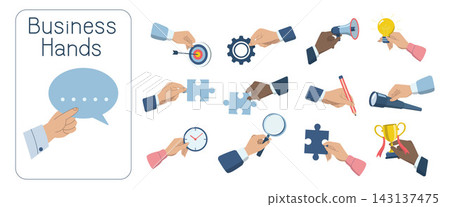 Hand holding various business objects, target, gears, megaphone, light bulb, jigsaw, pencil, binoculars, clock, magnifying glass, speech bubble, Hand drawn vector illustration on white background. Hand holding various business objects, target, gears, megaphone, light bulb, jigsaw, pencil, binoculars, clock, magnifying glass, speech bubble, Hand drawn vector illustration on white background. 143137475
