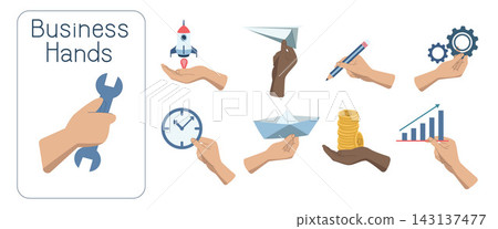 Hand holding various business objects, wrench, rocket, paper airplane, pencil, gear, clock, paper boat, coins, bar graph, Hand drawn vector illustration isolated on white background. Hand holding various business objects, wrench, rocket, paper airplane, pencil, gear, clock, paper boat, coins, bar graph, Hand drawn vector illustration isolated on white background. 143137477