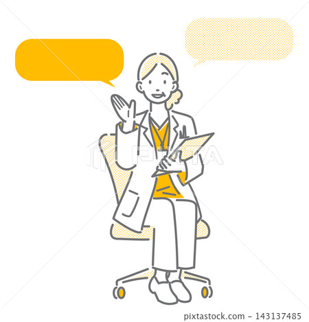 一位資深女醫生坐在椅子上,微笑著解釋著什麼。這是一幅簡潔而時尚的線條插畫。 一位資深女醫生坐在椅子上,微笑著解釋著什麼。這是一幅簡潔而時尚的線條插畫。 143137485