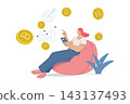 Female investor sitting using smartphone to trade cryptocurrencies coins, Trading and investing in bitcoin and other crypto, Making Profit and Income from Bitcoin and Cryptocurrencies, Vector. 143137493