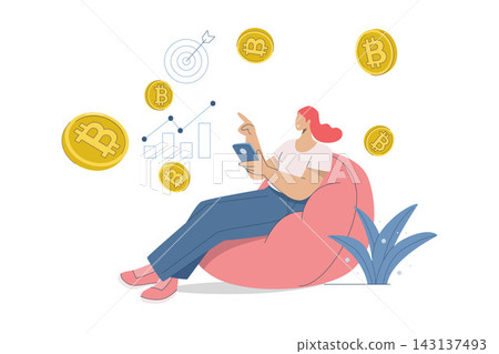 Female investor sitting using smartphone to trade cryptocurrencies coins, Trading and investing in bitcoin and other crypto, Making Profit and Income from Bitcoin and Cryptocurrencies, Vector. 143137493