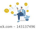 Male investor sitting using smartphone to trade cryptocurrencies coins, Trading and investing in bitcoin and other crypto, Making Profit and Income from Bitcoin and Cryptocurrencies, Vector. 143137496