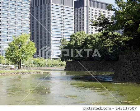 寧靜的水岸和城市景觀沿著皇宮護城河延伸。 寧靜的水岸和城市景觀沿著皇宮護城河延伸。 143137507