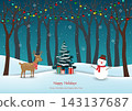 Merry Christmas and Happy new year background,Celebrate themed with cute cartoon reindeer and snowman on winter forest 143137687