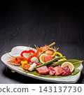 A luxurious Japanese-style grilled platter featuring premium Wagyu beef, shrimp, and abalone. 143137730