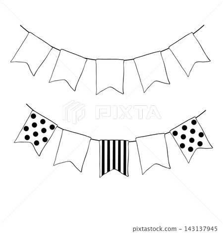 garland with small rectangular pennant flags Happy birthday composition Black and white hand drawn illustration. Vector graphic line ink art. for birthday party celebration garden fair garland with small rectangular pennant flags Happy birthday composition Black and white hand drawn illustration. Vector graphic line ink art. for birthday party celebration garden fair 143137945