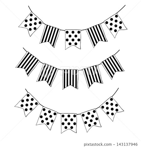 Flag garland. Happy birthday composition Black and white hand drawn illustration. Vector graphic line ink art. Party bunting decoration. celebration flags for event decor. Flag garland. Happy birthday composition Black and white hand drawn illustration. Vector graphic line ink art. Party bunting decoration. celebration flags for event decor. 143137946